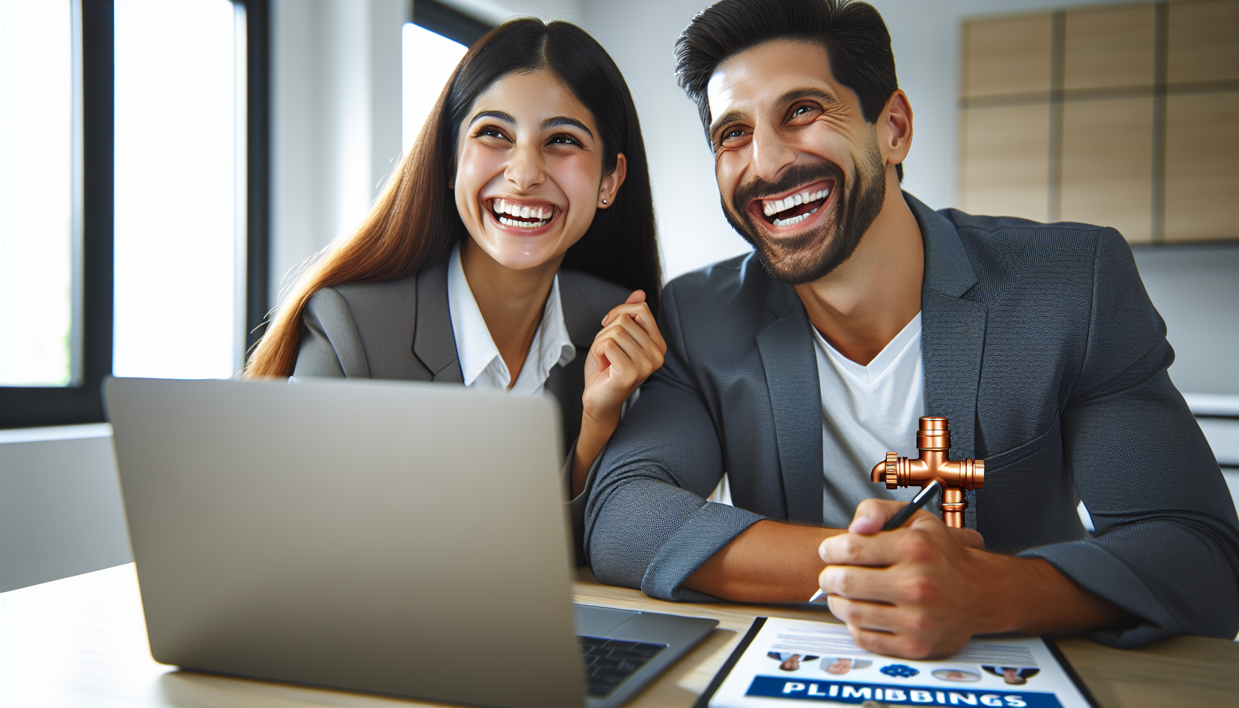 Plumbing business owners reviewing positive business results together