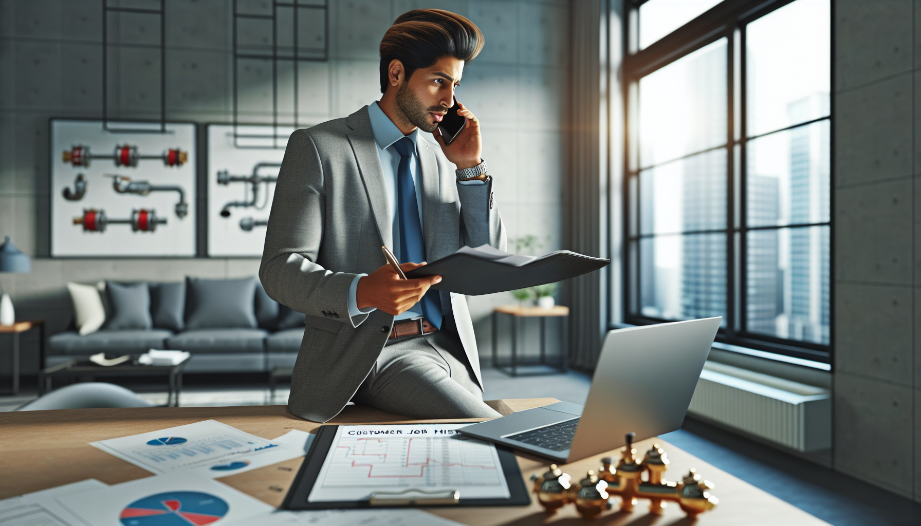 Plumber reviewing customer history and job records