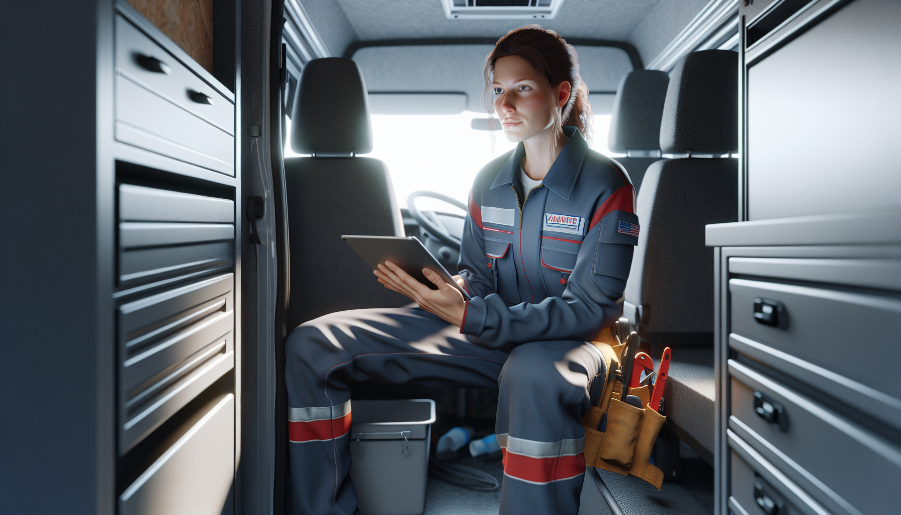 Plumber updating CRM job details from van