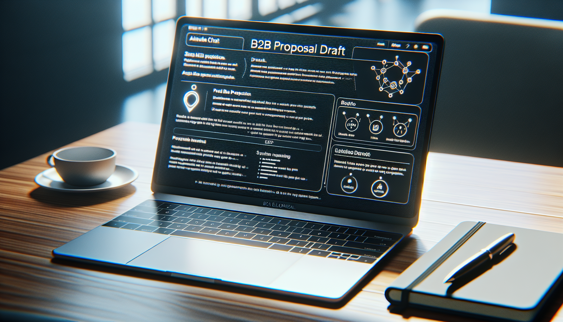 Laptop screen showing Claude AI with a B2B proposal being drafted