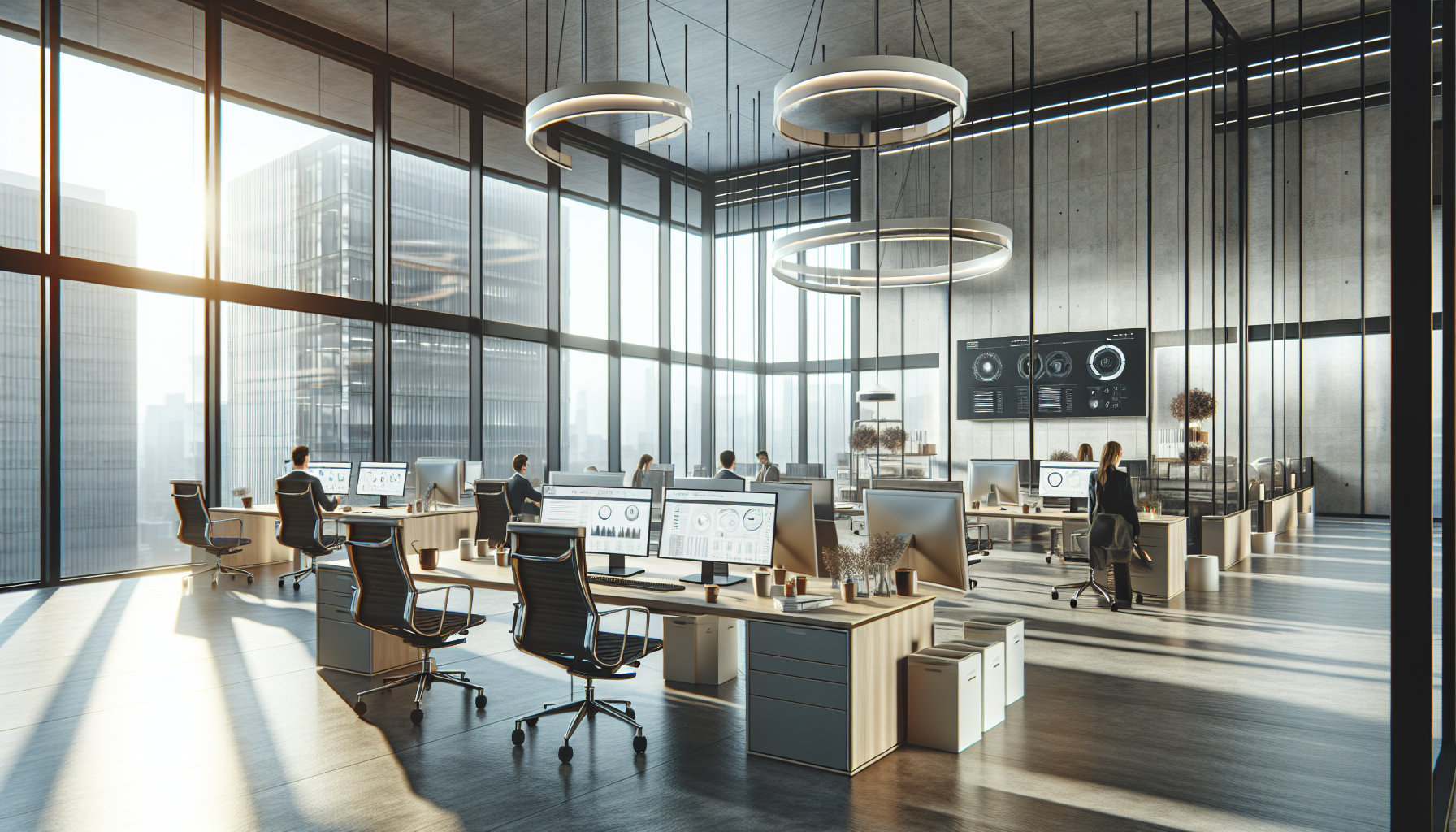 Modern B2B sales office with dual monitors showing CRM dashboards and proposal templates