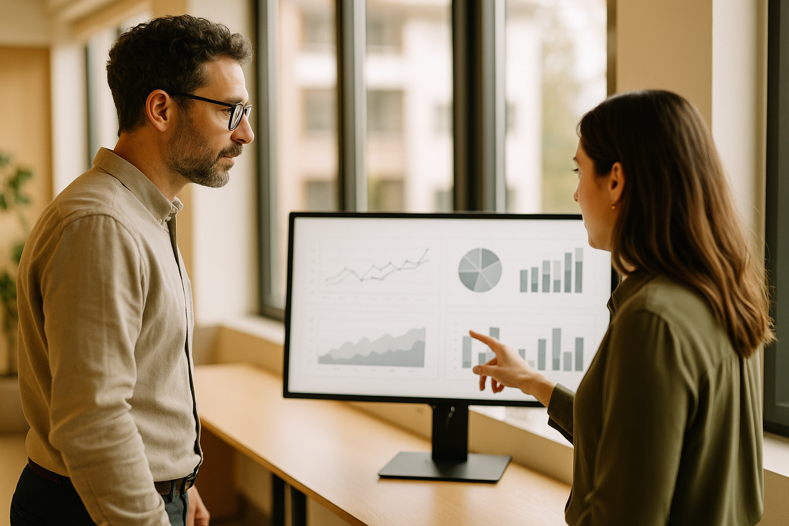 Two professionals reviewing a business analytics dashboard on a monitor in a modern office