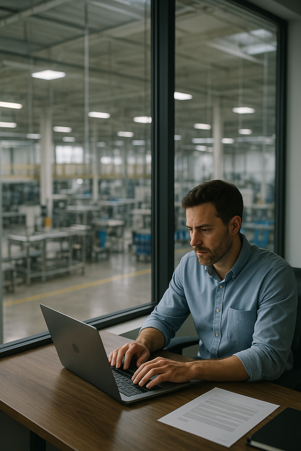 A professional working at a desk overlooking a modern manufacturing floor